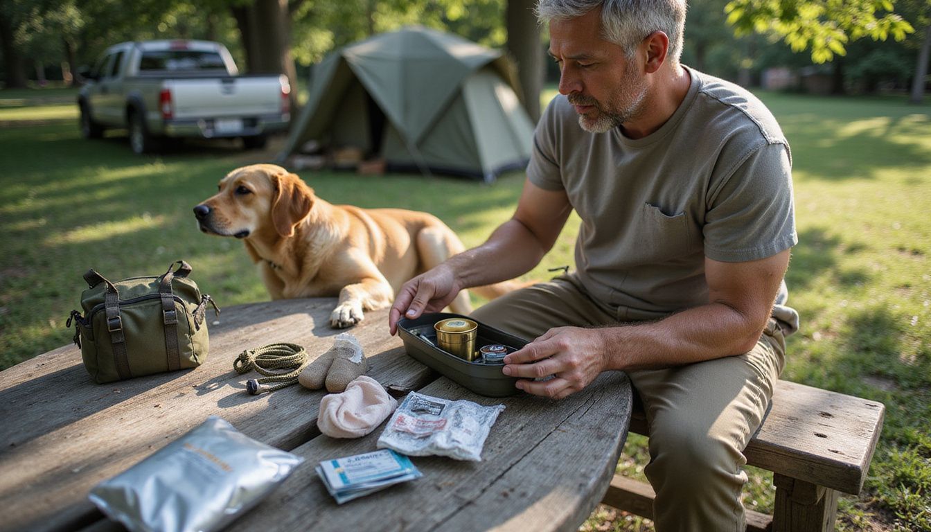 A middle-aged man organizes first aid supplies at a picnic table while a golden retriever watches attentively nearby.