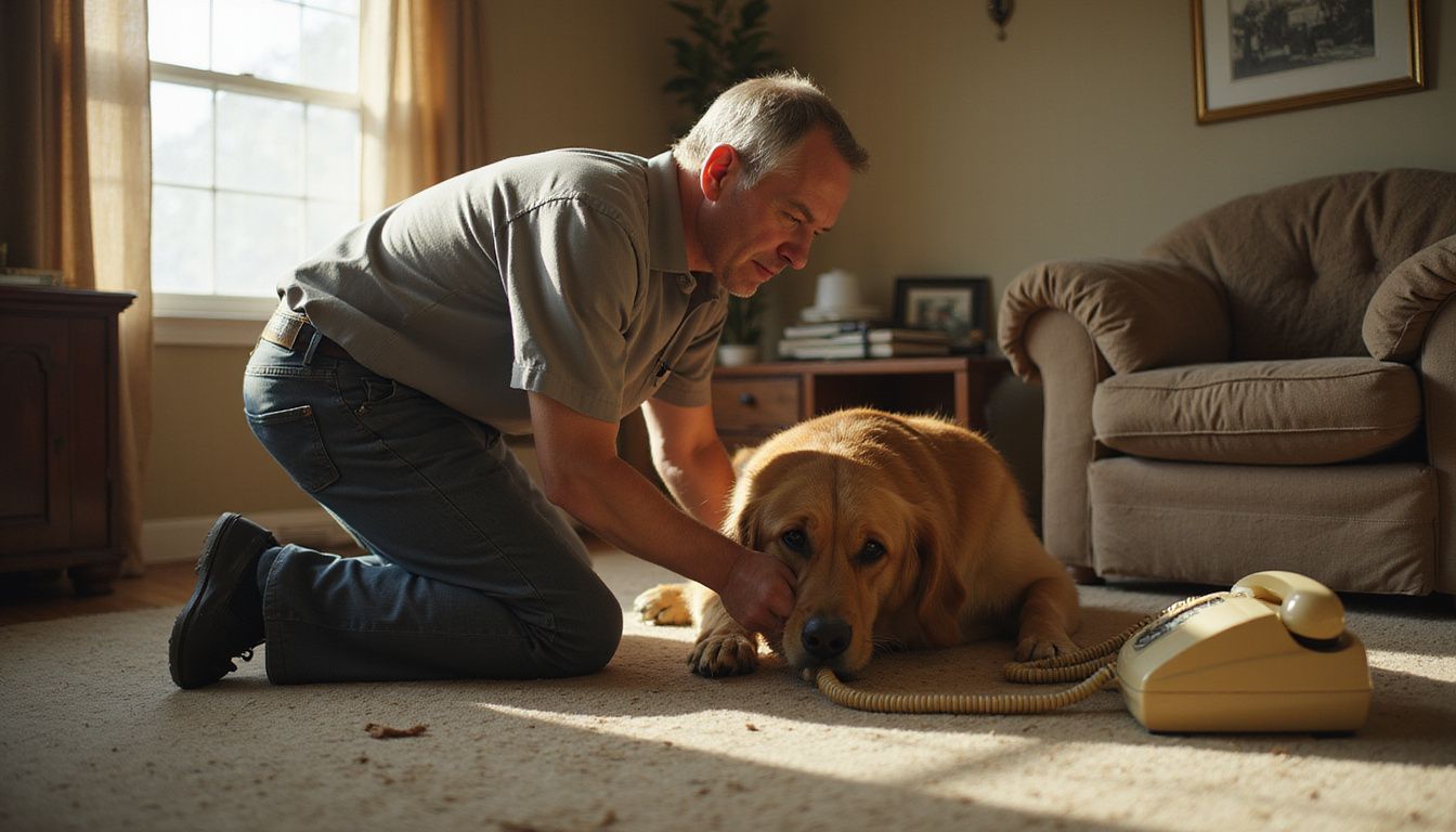 A concerned man kneels beside his distressed golden retriever, examining its airway in a cozy living room.