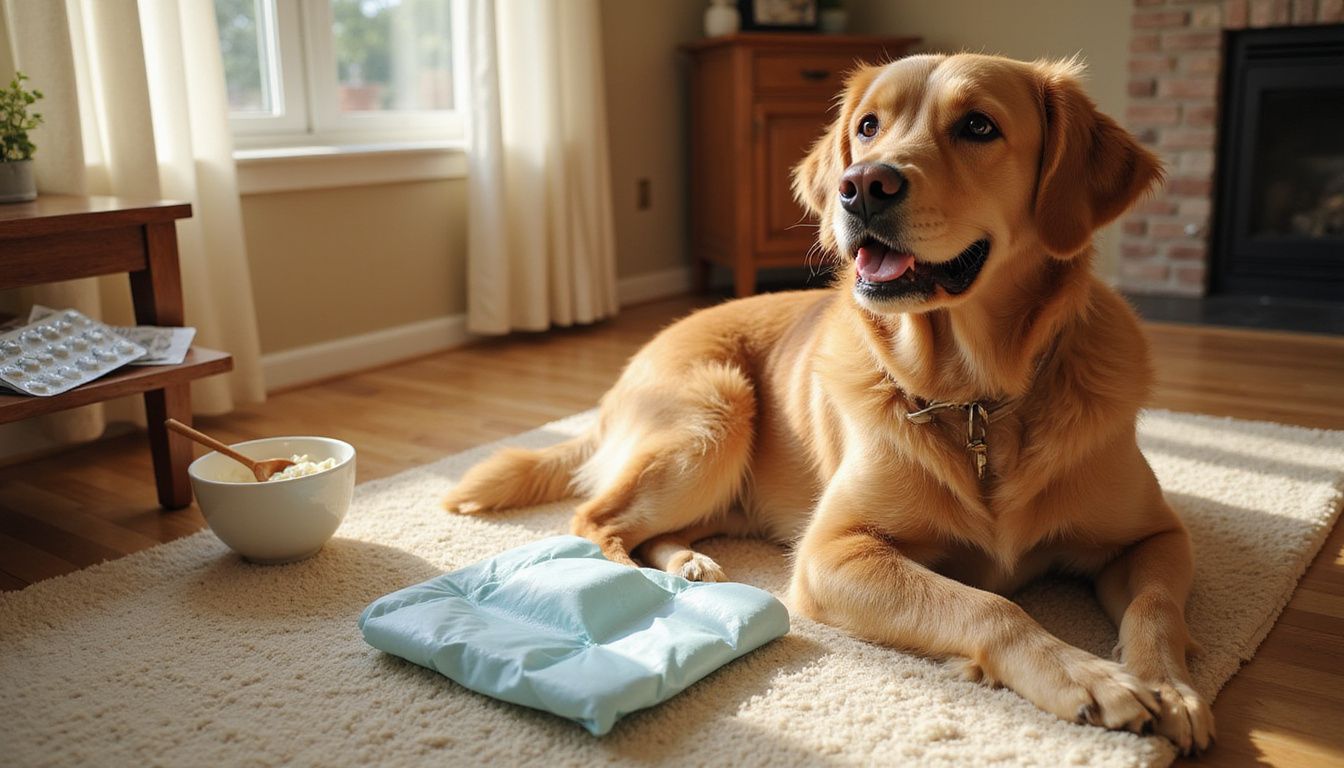 A golden retriever with inflamed skin sits calmly on a rug, surrounded by pet care items.