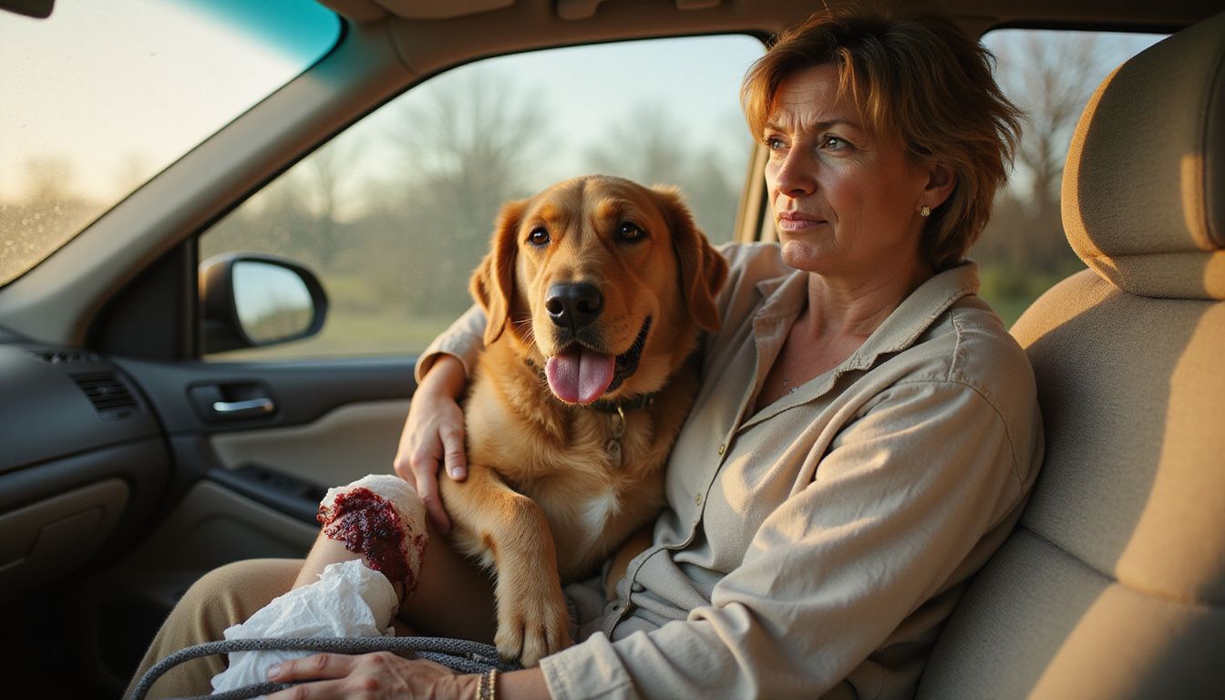 A concerned woman cradles her injured golden retriever in a car, applying pressure to its bleeding leg.