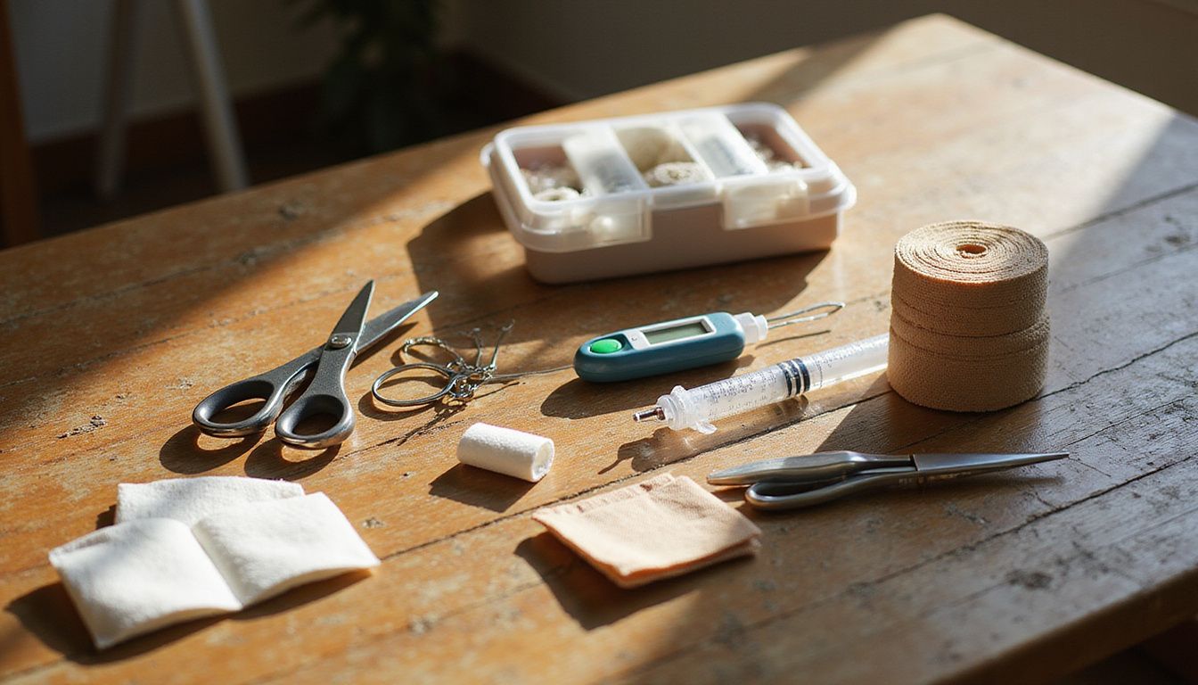 A meticulously arranged collection of pet first aid supplies on a weathered oak table, showcasing practical emergency preparedness.