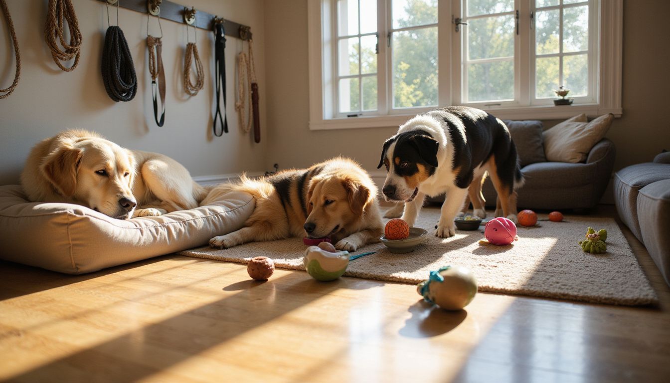 A cozy living room features three dogs engaged in various activities on hardwood floors with scattered toys.