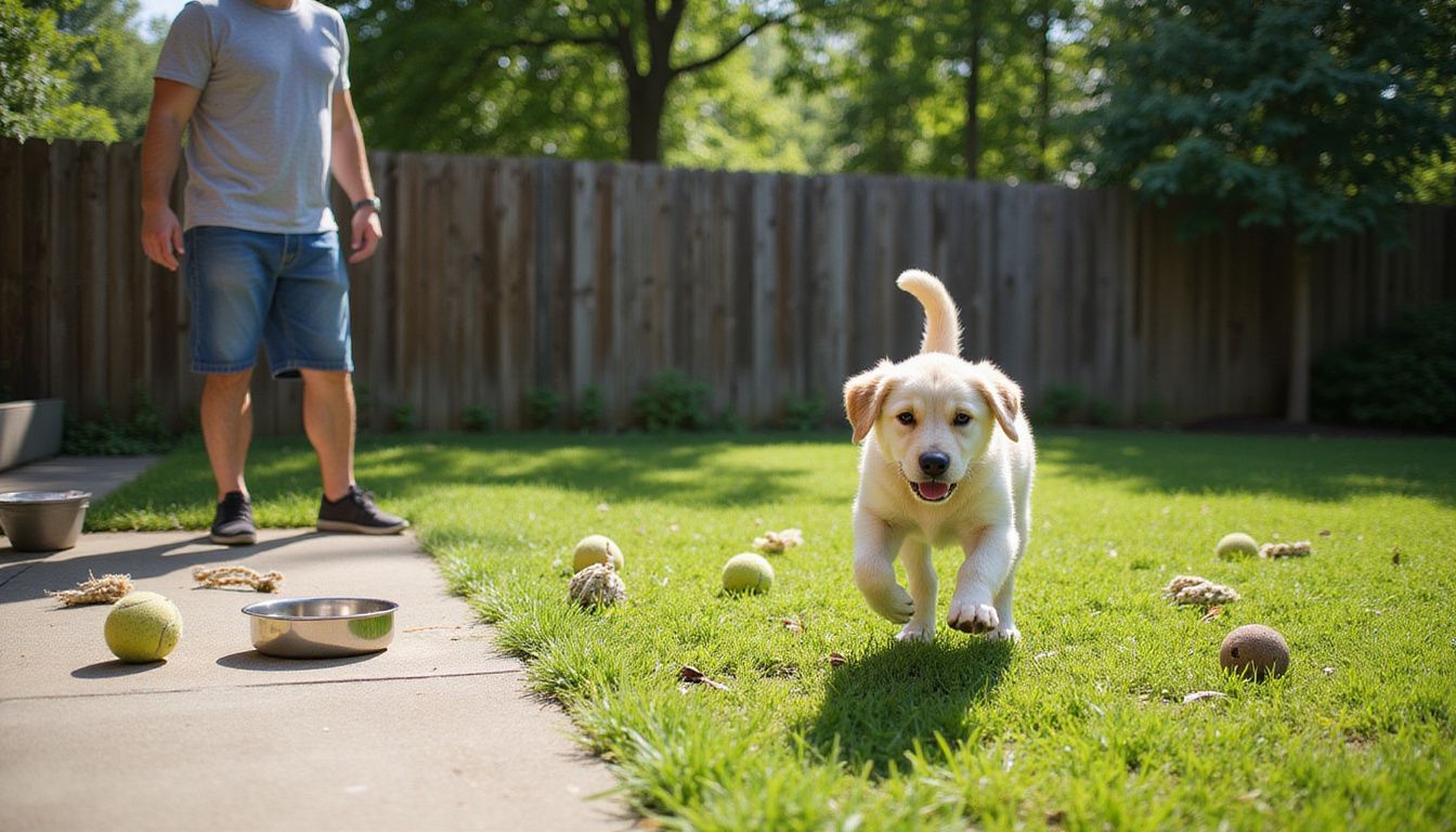 A playful golden retriever puppy leaps in a sunny yard while its engaged owner watches nearby.