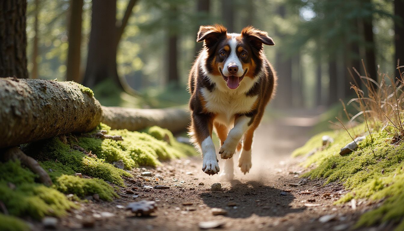 A brown and white Australian Shepherd gallops energetically along a forest trail, showcasing its powerful muscles and playful spirit.