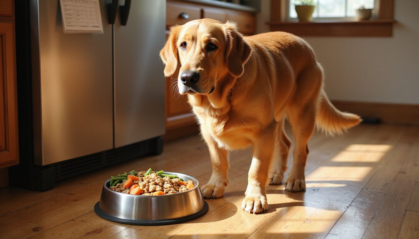 A muscular golden retriever eagerly stands beside a food bowl filled with kibble, chicken, and vegetables in a sunlit kitchen.