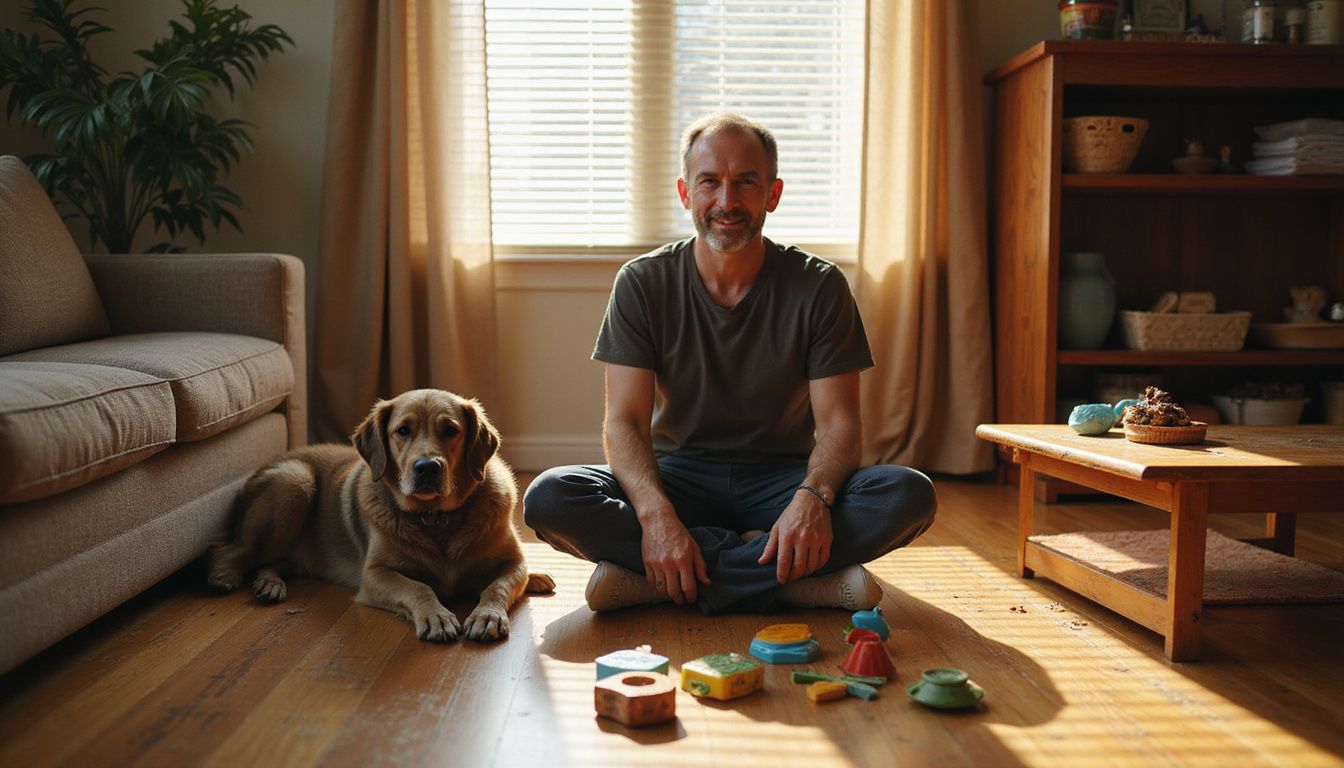 A middle-aged man sits cross-legged on a hardwood floor, engaging with his attentive older dog amidst scattered puzzle toys.