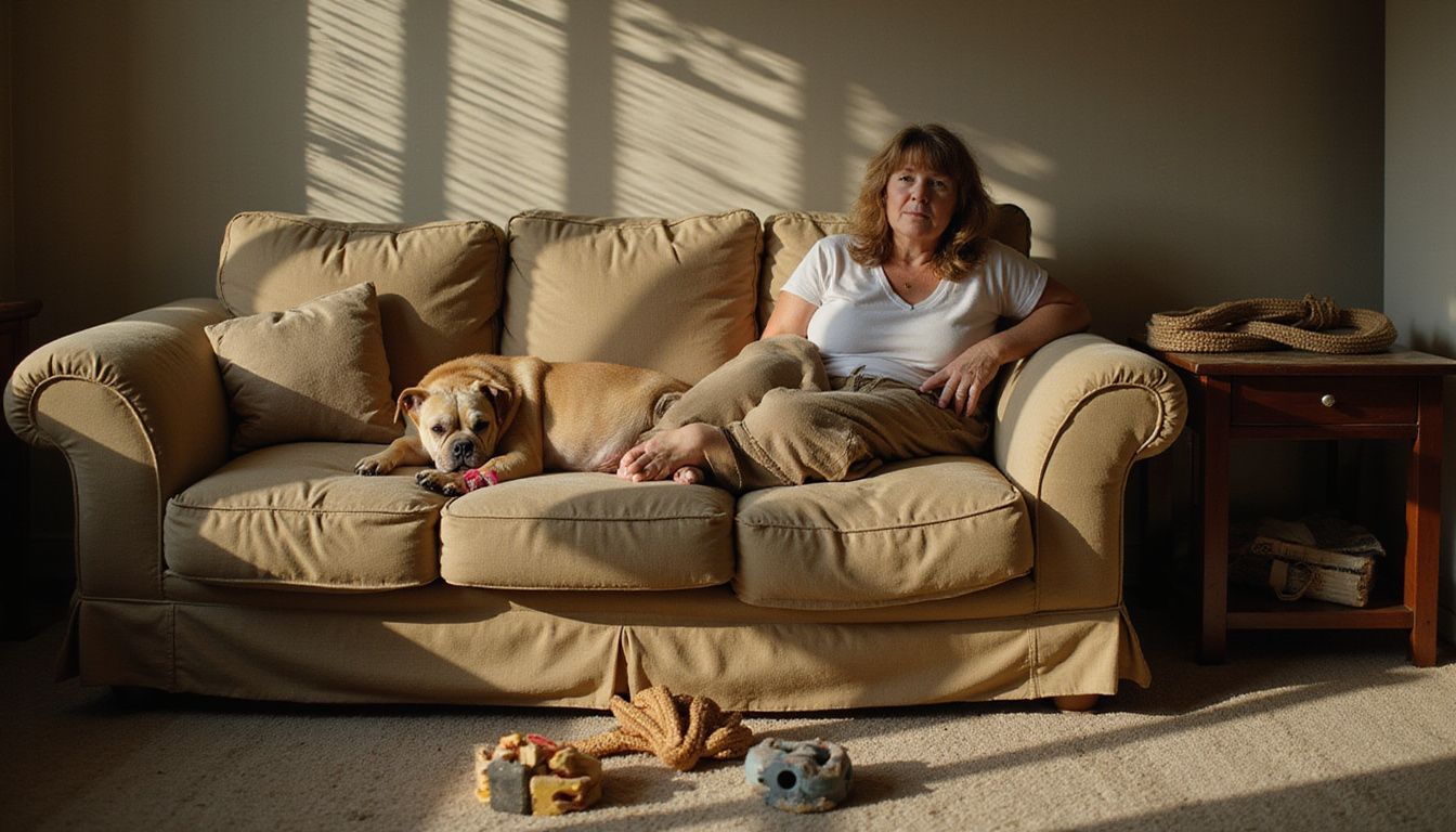 A middle-aged woman relaxes on a couch with a sleepy French Bulldog sprawled across her lap in a cozy living room.