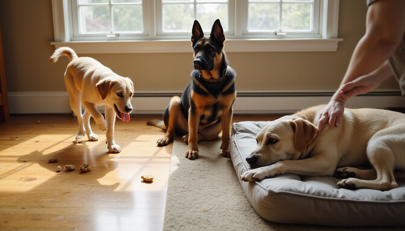 A candid photo depicts three dogs at different life stages: a playful puppy, a focused adult, and a relaxed senior.