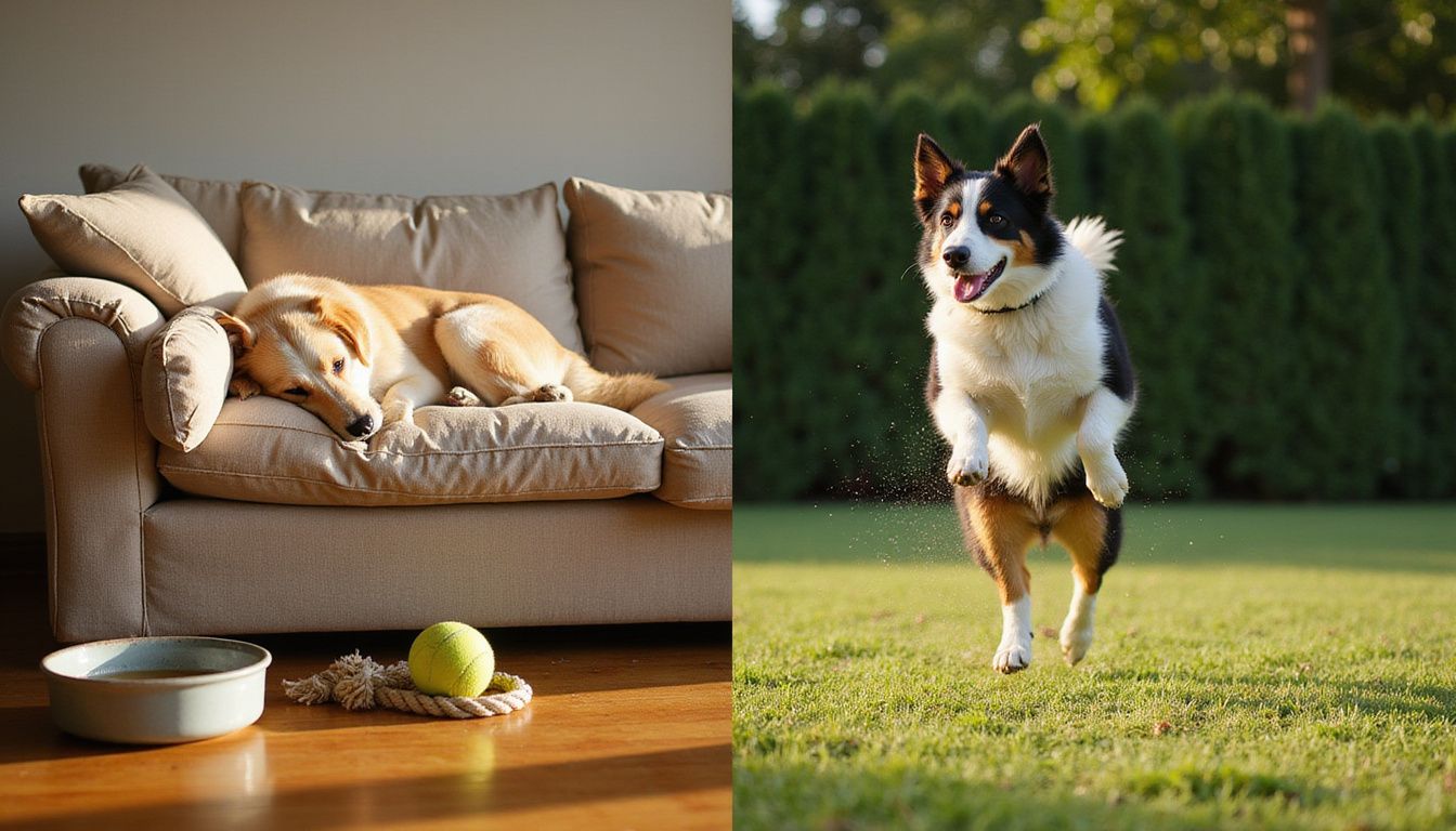 A golden retriever relaxes on a sofa while a border collie leaps joyfully on the grass.