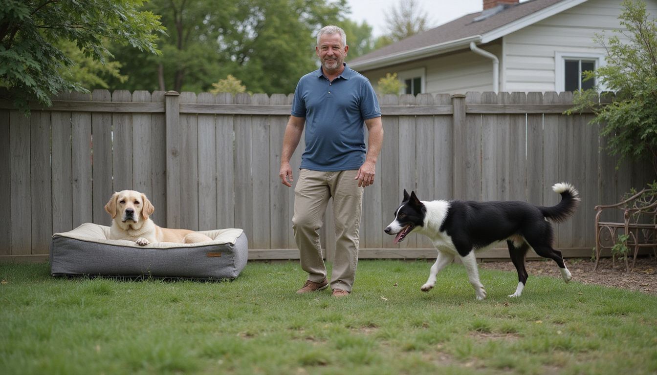 A middle-aged man relaxes in his backyard, watching his energetic border collie and older golden retriever.