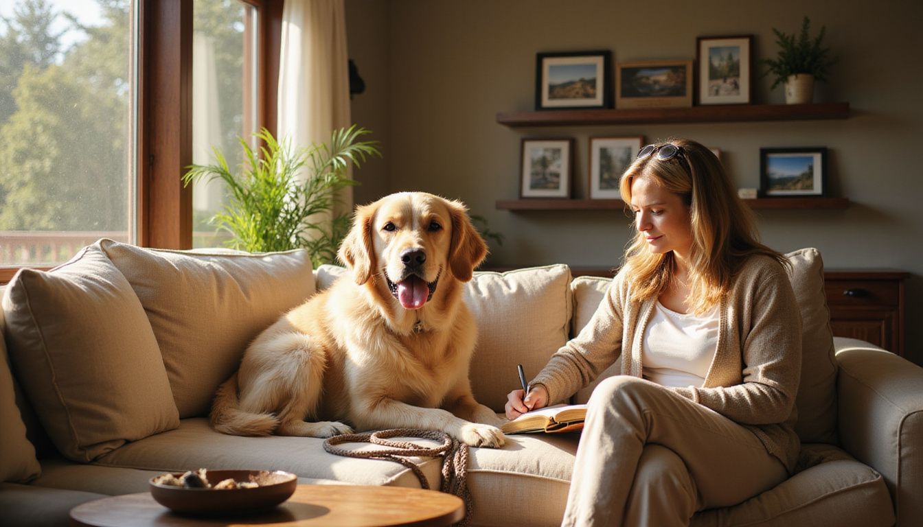 A Golden Retriever relaxes on a sofa beside a woman reading, surrounded by cozy home decor and pet toys.