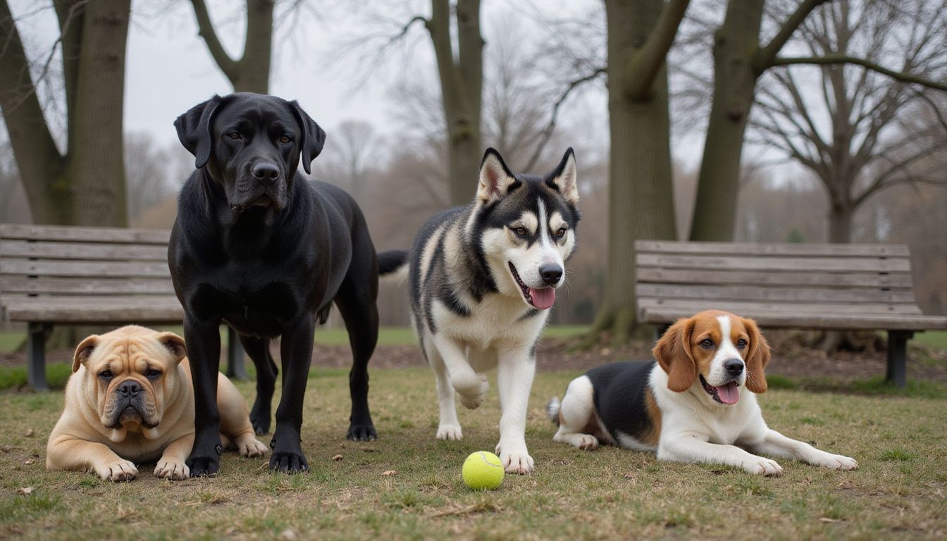 Five dogs of various breeds interact in a park, showcasing their distinct personalities and postures on the grass.
