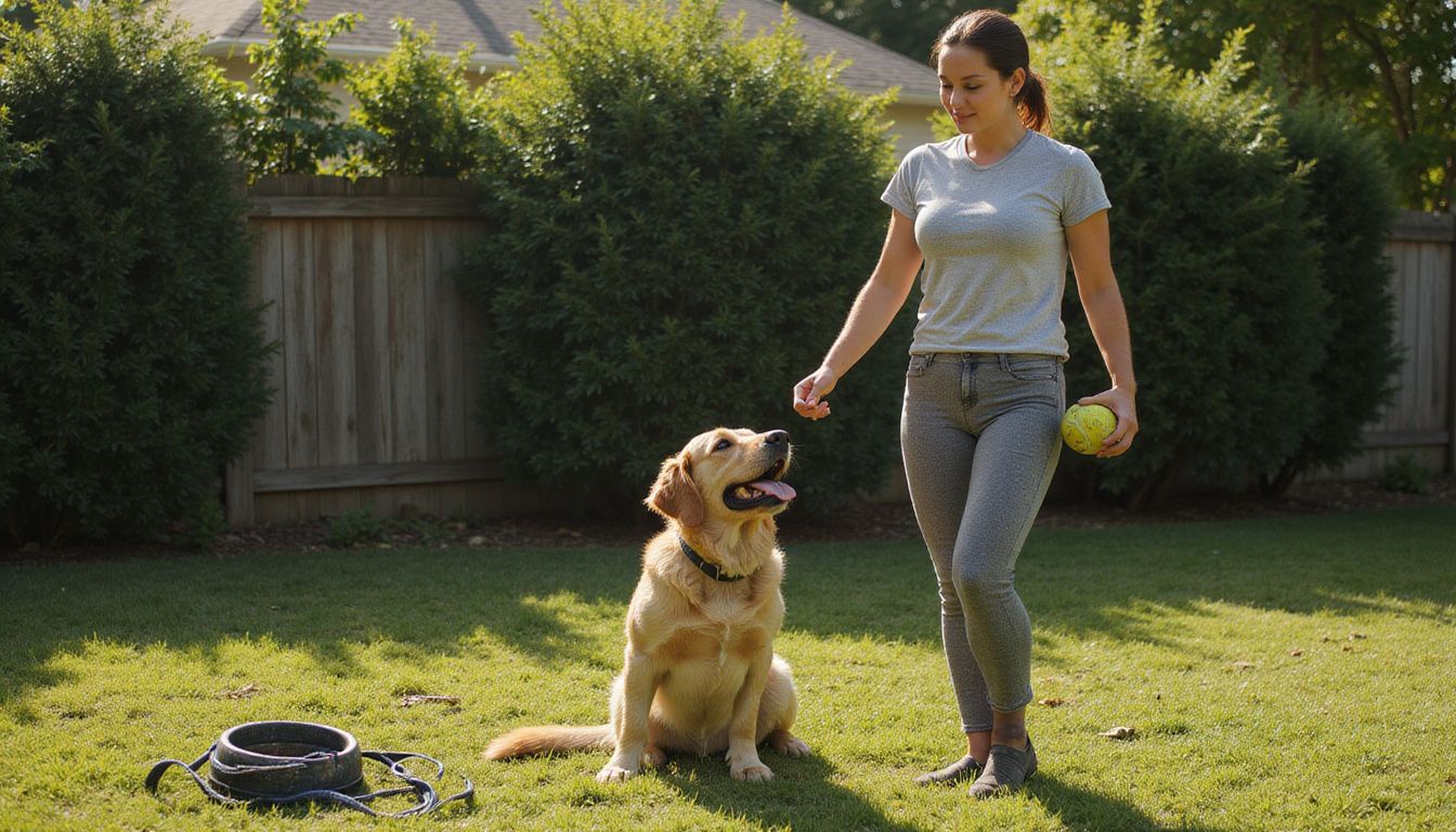 A woman in athletic wear stands in her backyard with a golden retriever, both relaxed and engaged with each other.