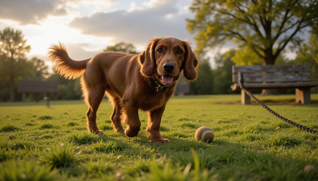A Cocker Spaniel with a mahogany coat walks across a park lawn, displaying a relaxed demeanor and focused gaze.