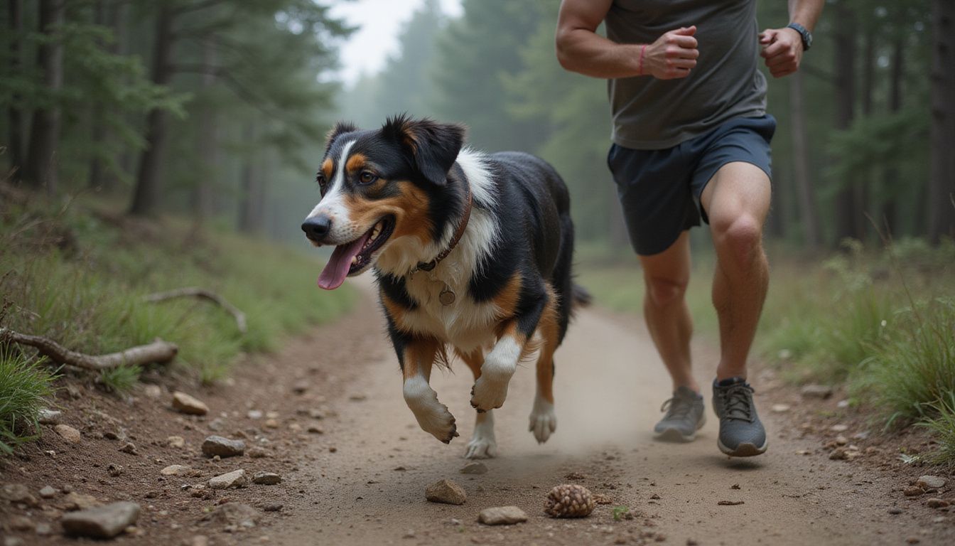 An Australian Shepherd and a runner energetically navigate a rugged hiking trail through a dense forest.