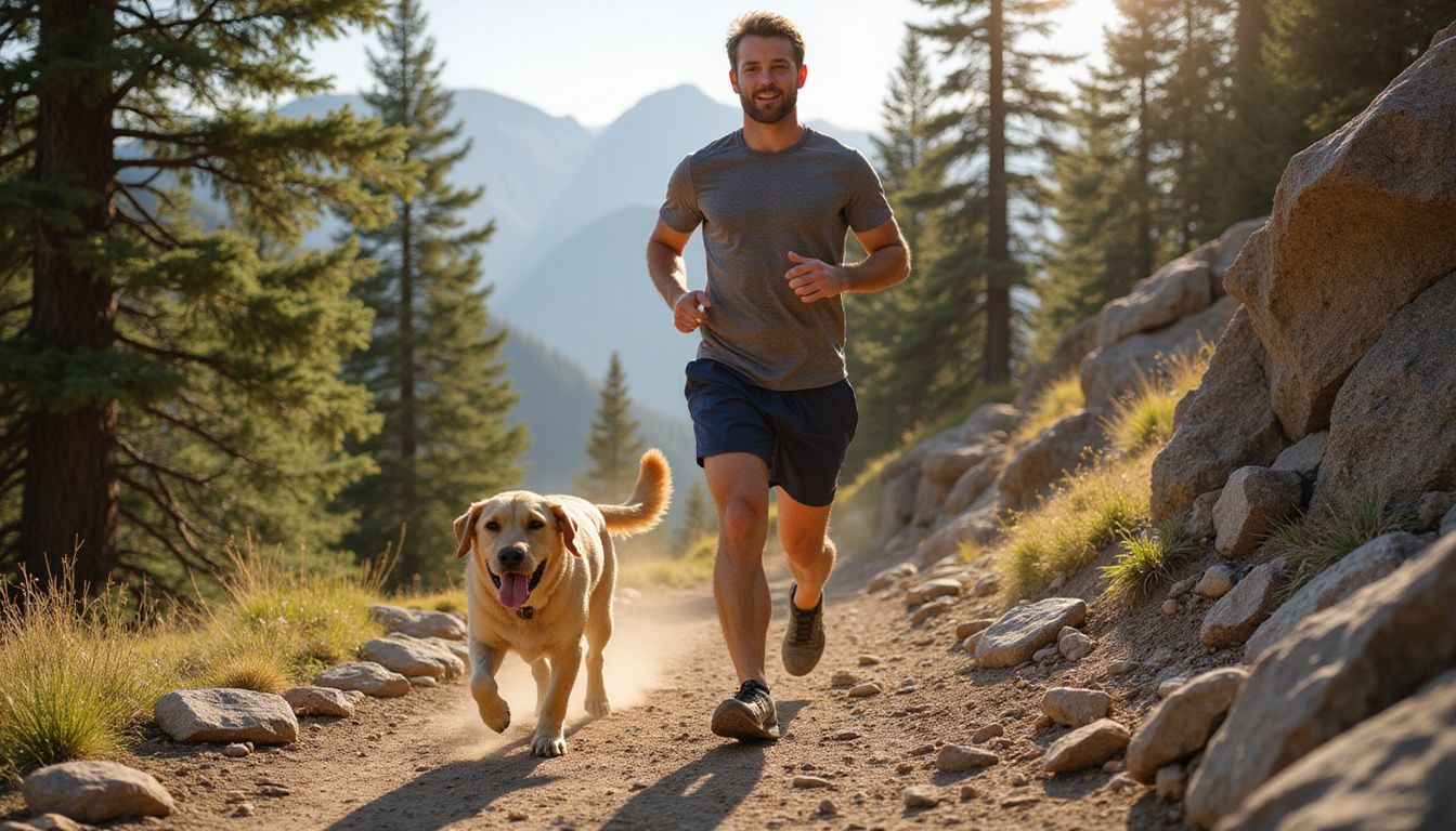 A man and his Labrador Retriever traverse a rocky mountain trail, both visibly exerted and enjoying the outdoor adventure.