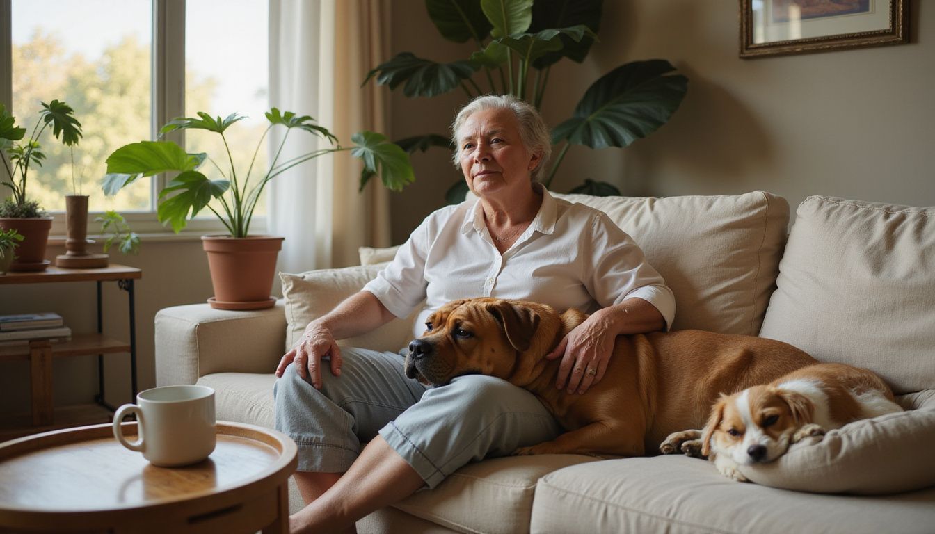 A relaxed middle-aged woman sits on a couch with a Bulldog on her lap and a sleeping Shih Tzu nearby.