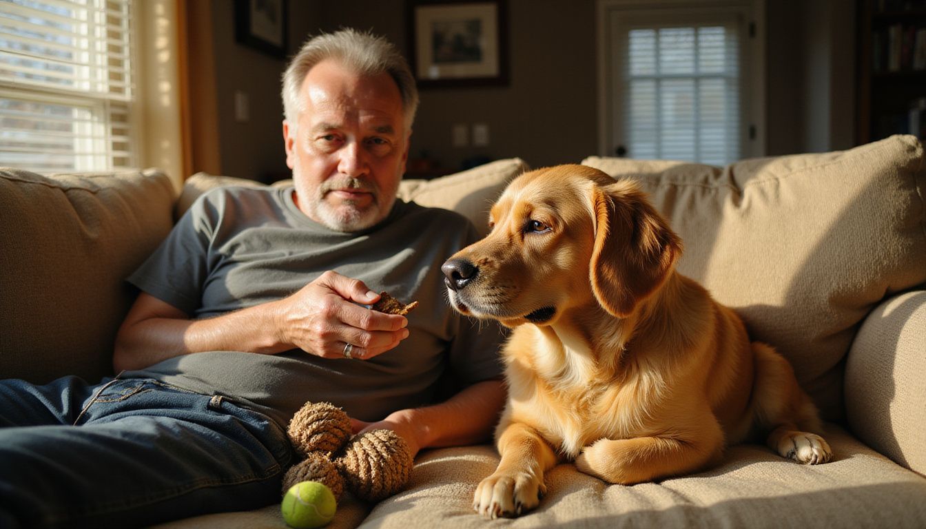 A middle-aged person offers a treat to a calm golden retriever.