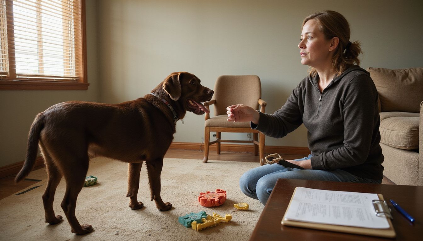 A woman conducts a dog training session in her living room.