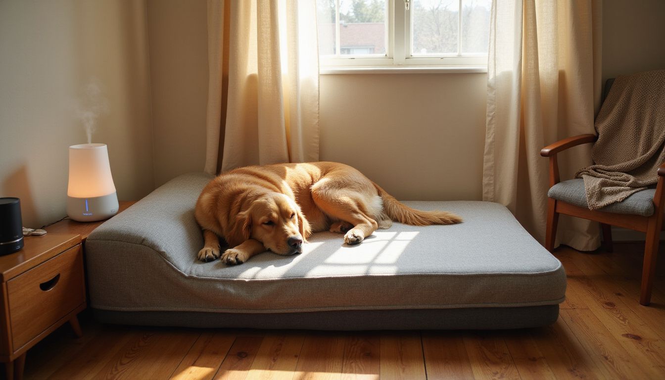 A golden retriever sleeps peacefully on an orthopedic bed.