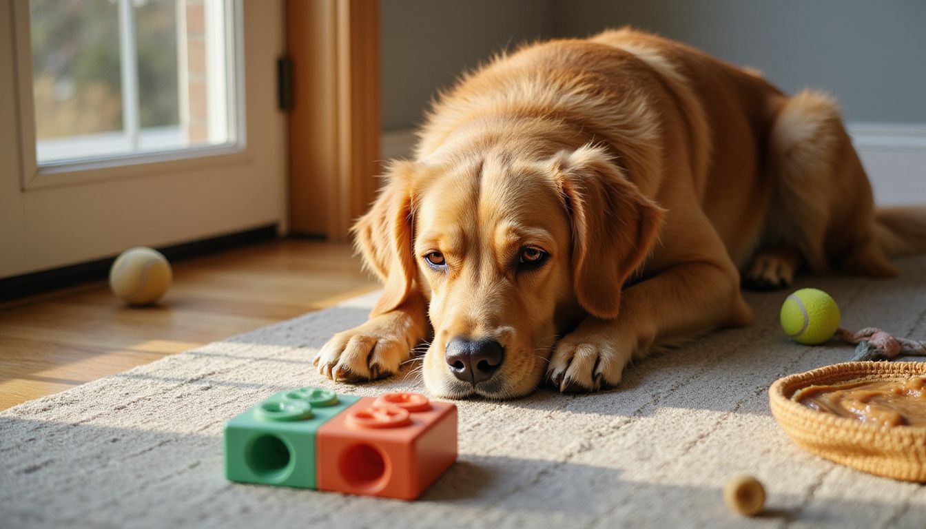 A golden retriever intently focuses on a colorful rubber puzzle toy.