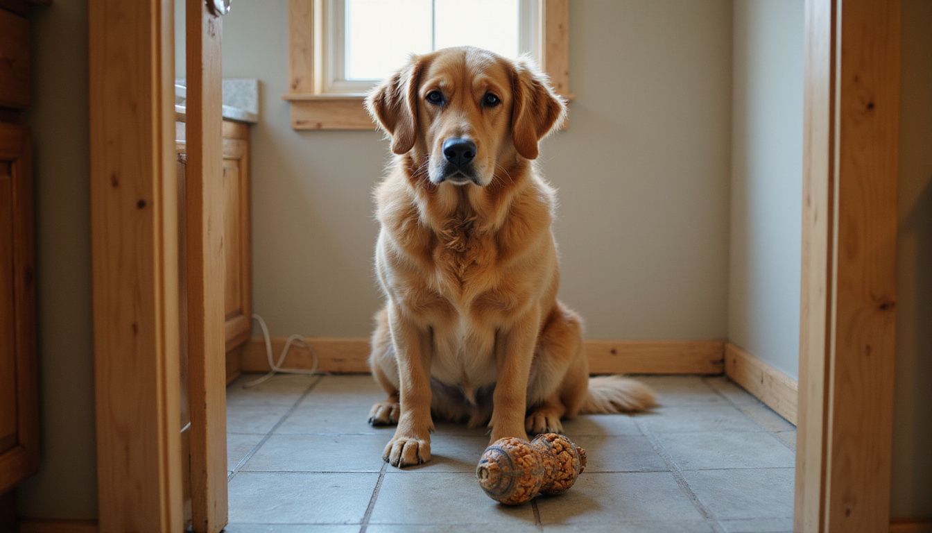 A calm golden retriever sits on bathroom tiles, near a Kong toy.