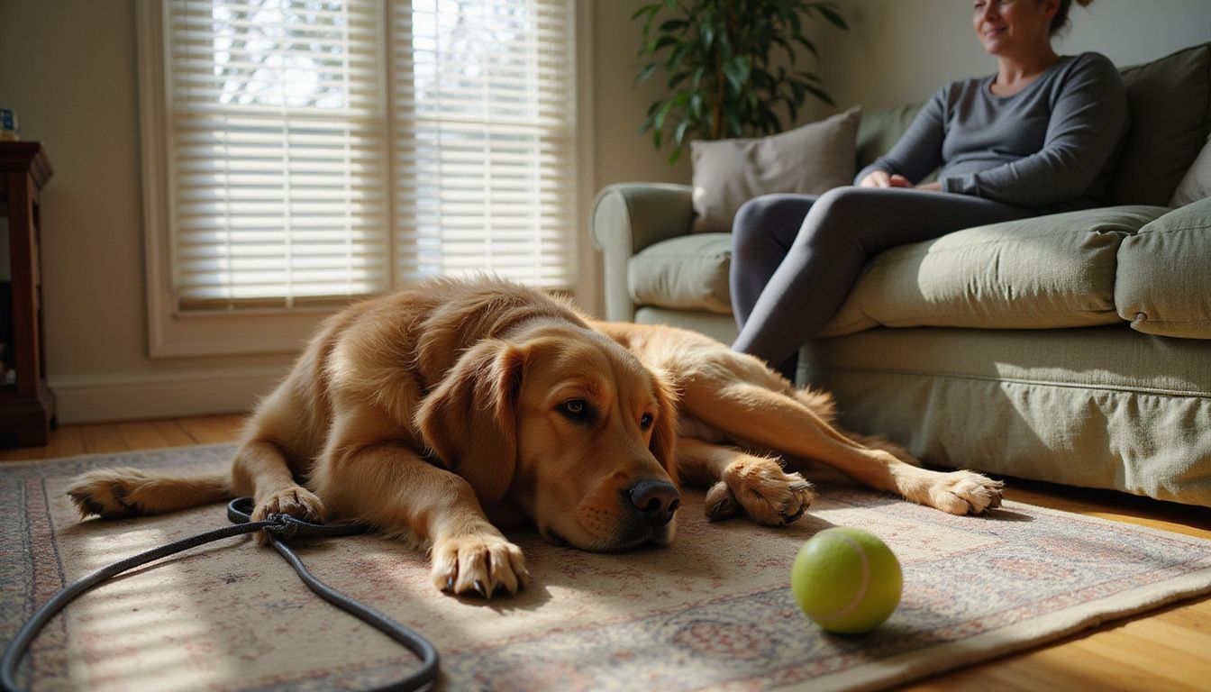 A golden retriever relaxes in a cozy, lived-in living room.