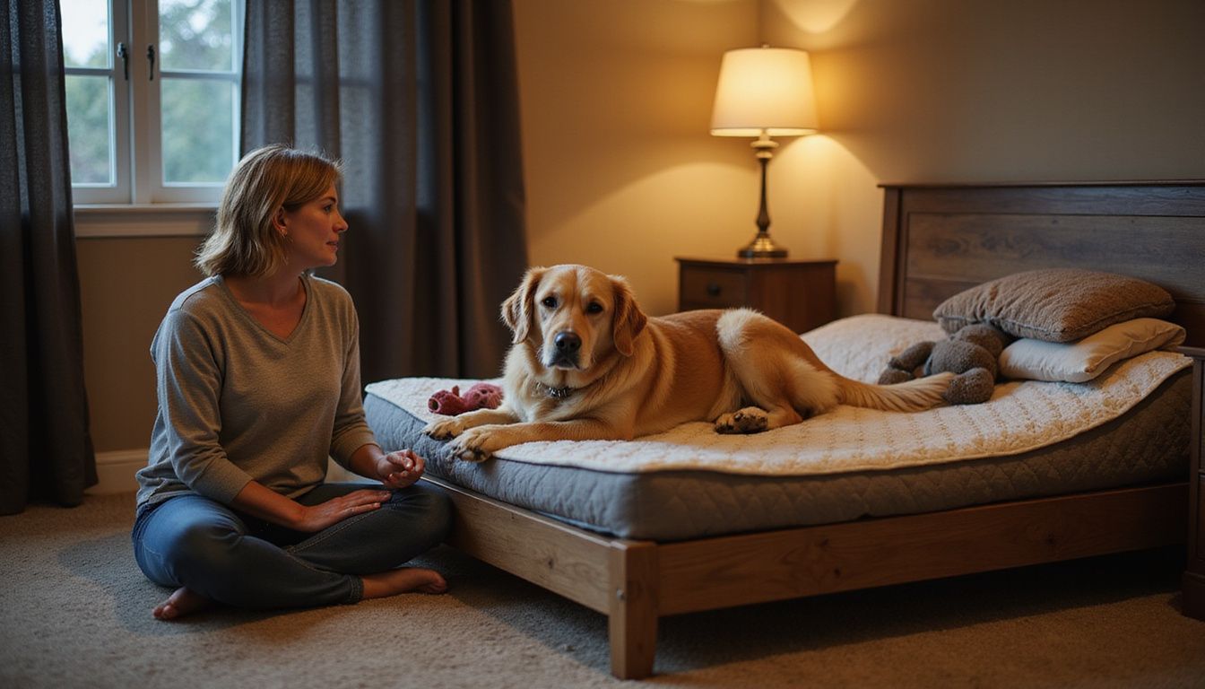A woman and her golden retriever share a cozy, intimate moment.