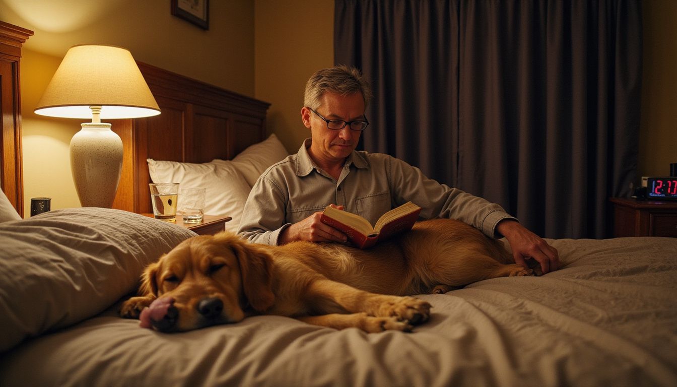 A weary golden retriever rests beside a reading adult on a bed.