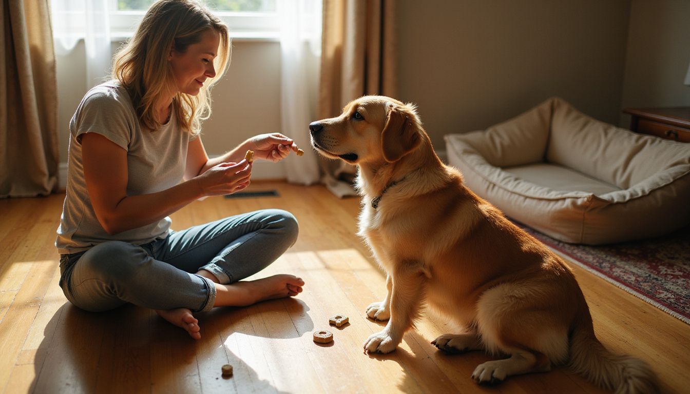 A woman smiles while feeding a golden retriever training treat.