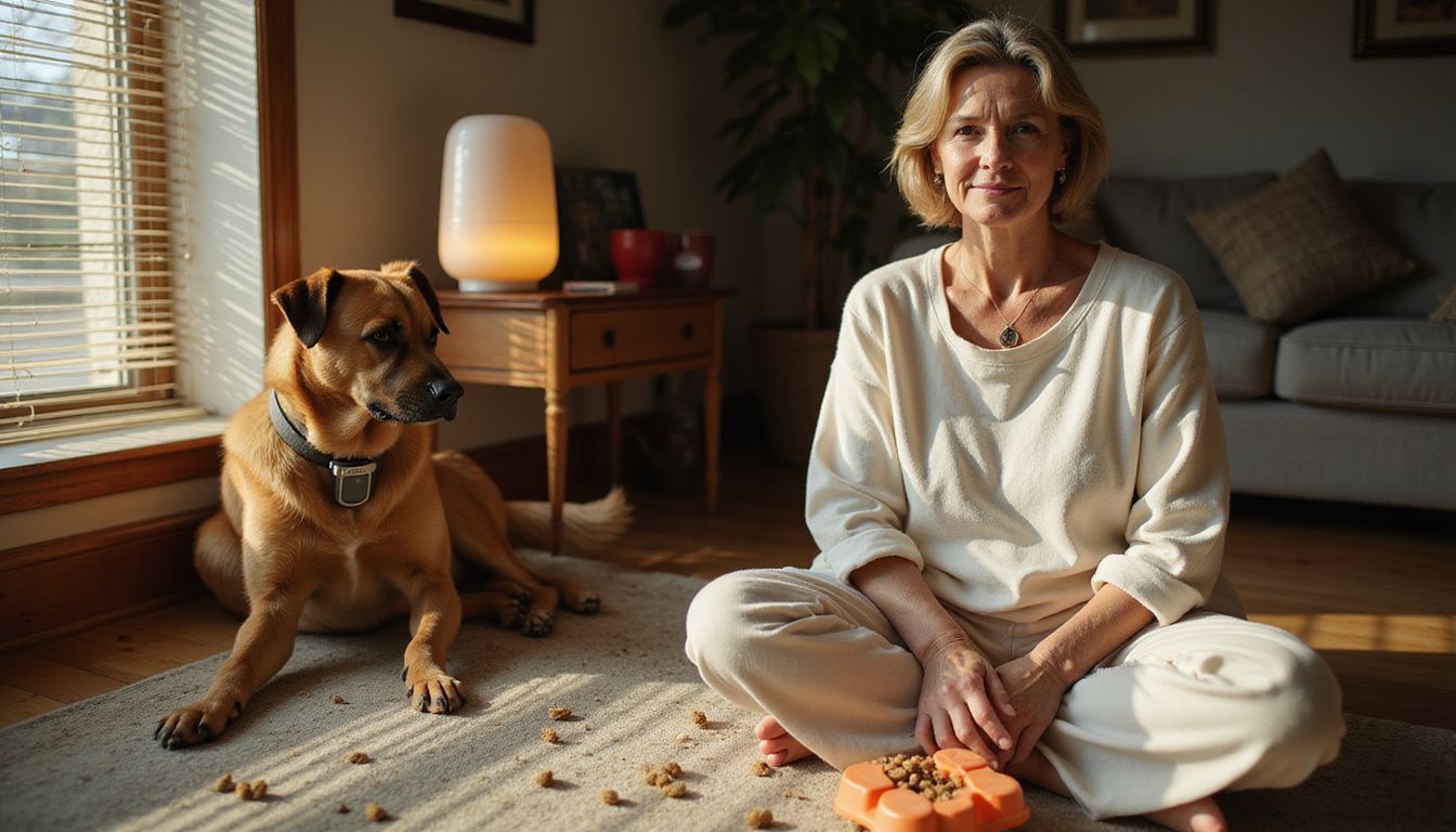 A middle-aged woman relaxes with a tense dog in a cozy living room.