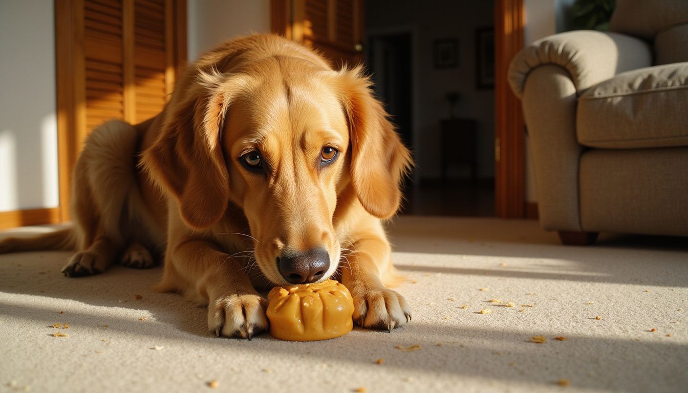 A golden retriever intensely plays with a Kong toy on carpet.