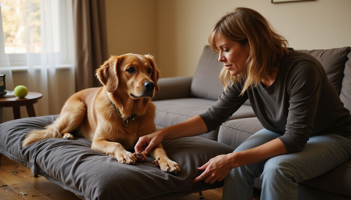 A woman trains her golden retriever with grilled chicken in a cozy living room.