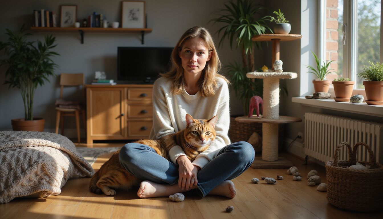 A woman sits cross-legged on the floor with a tabby cat resting on her lap, surrounded by a cozy living room.