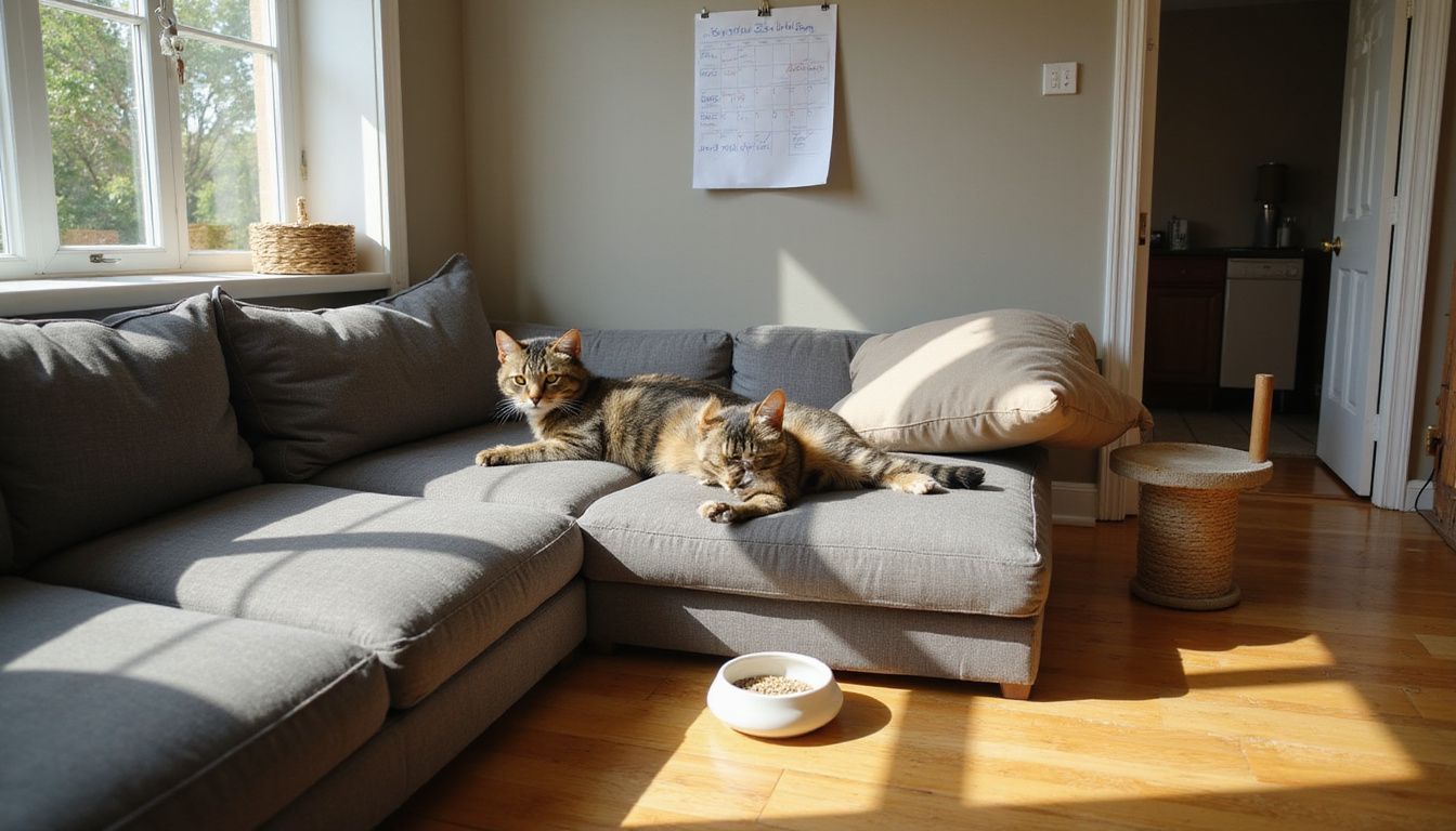 A relaxed tabby cat sprawls on a gray sofa in a cozy studio apartment, surrounded by pet supplies.