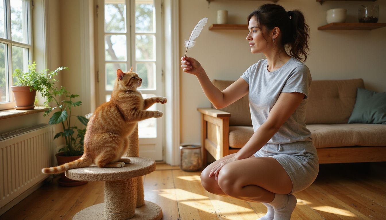 A woman in loungewear plays with her alert orange tabby cat using a well-worn feather wand toy.