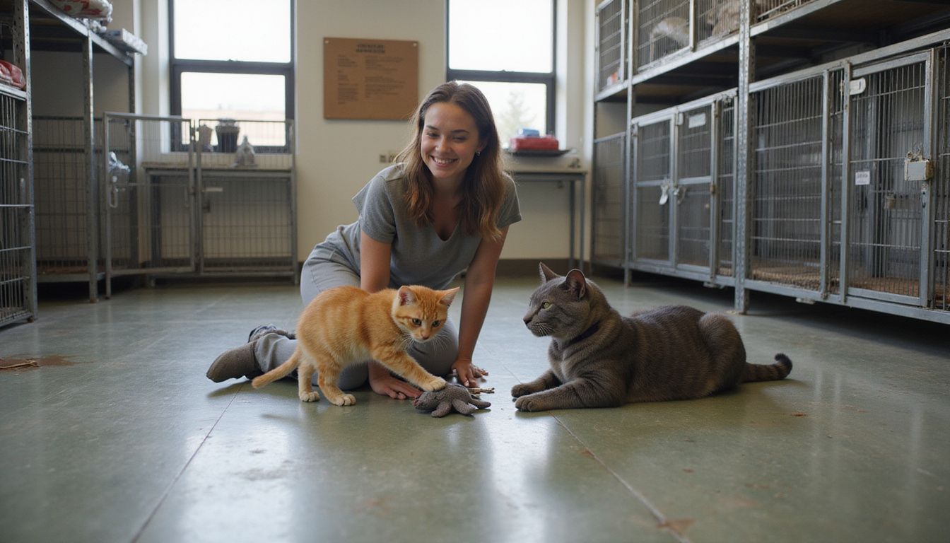 A young woman interacts with an orange tabby kitten and a gray adult cat in a shelter environment.