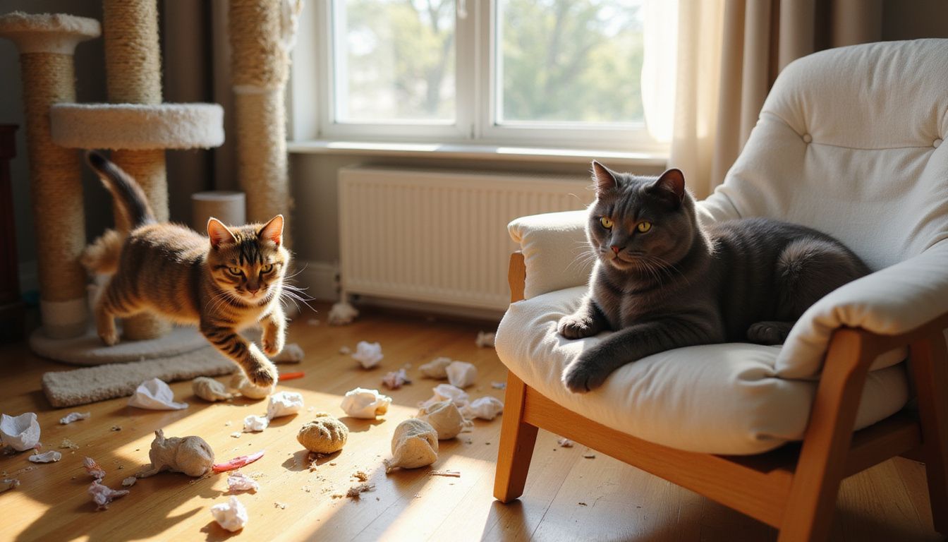 The image compares an energetic brown tabby kitten leaping amidst toys with a relaxed gray adult cat on a cushion.