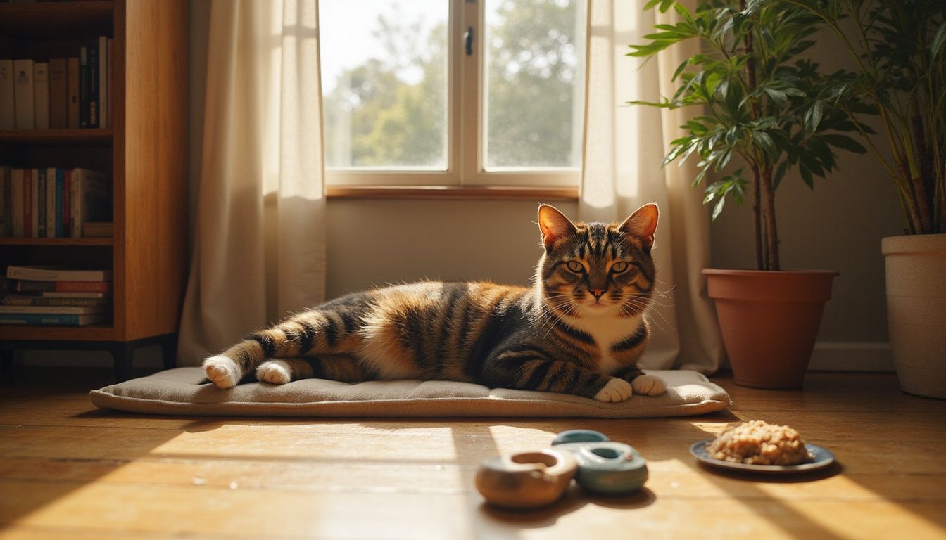 A tabby cat transitions from a serene lounging state to an alert, playful posture, engaging with toys in a cozy living room.