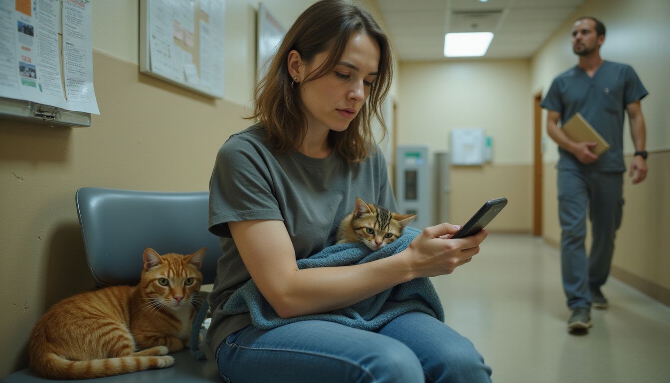 A tired woman cradles a kitten in a veterinary clinic while managing a busy digital calendar on her phone.