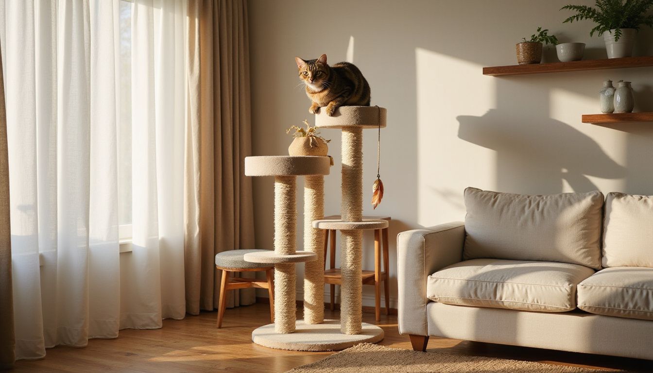 A tabby cat with orange and black markings relaxes on a multi-tiered cat tree by a window.