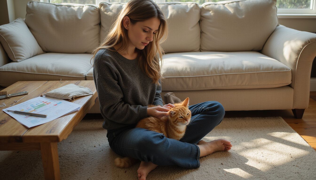 A woman peacefully grooms a striped tabby cat on her lap, contemplating the responsibilities of pet ownership.