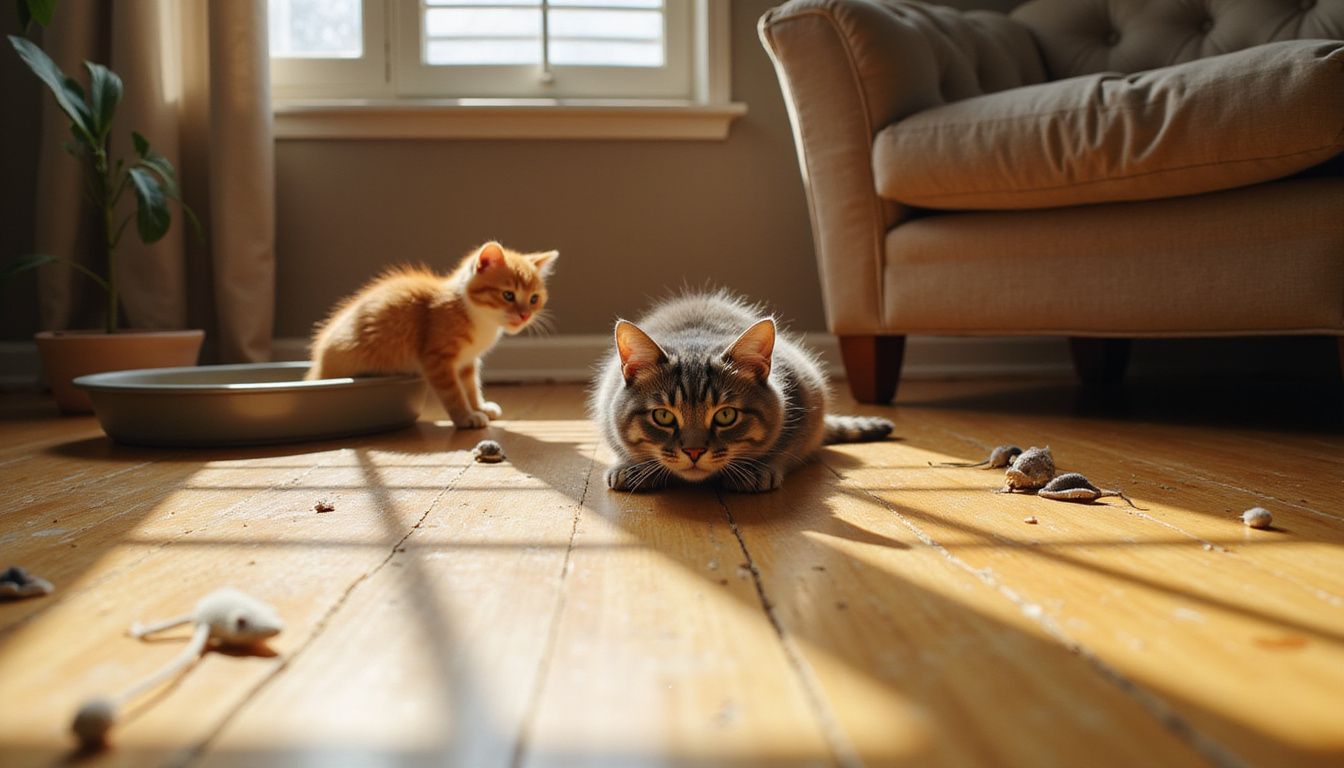 A playful gray tabby kitten tumbles on hardwood flooring while an orange tabby watches intently, surrounded by scattered toys.
