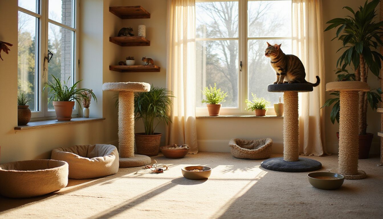 A cozy living room filled with cat trees, toys, and a focused tabby cat observing the outdoors.