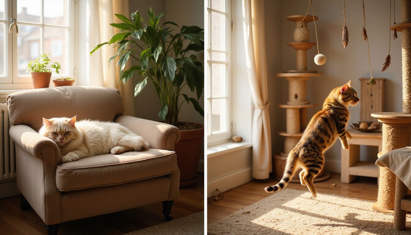A relaxed Persian cat lies on a vintage armchair, while an athletic Bengal cat leaps towards feather toys.