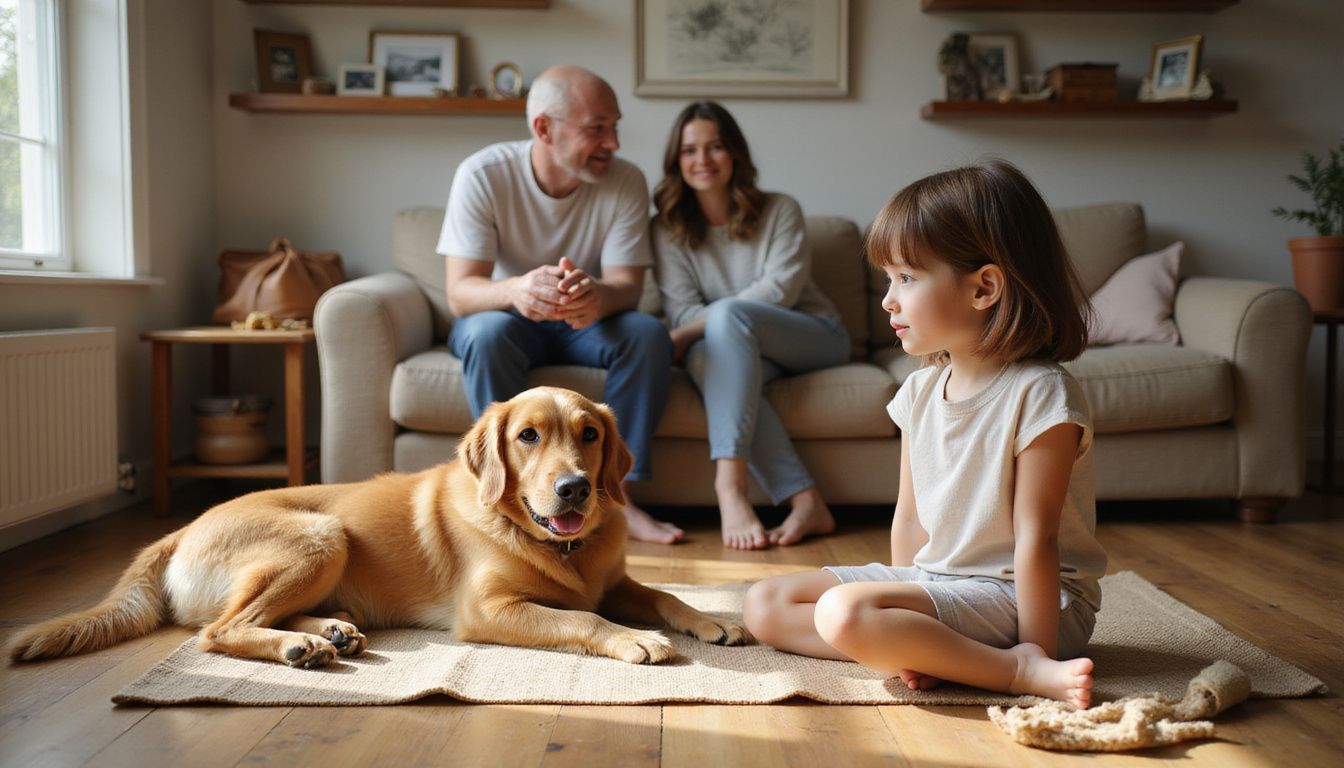 An 8-year-old child sits cross-legged with a golden retriever, while two adults relax on a nearby sofa.
