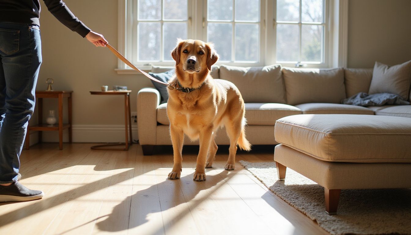 A golden retriever stands calmly on a hardwood floor, attentively focused on a nearby ottoman while being leashed.