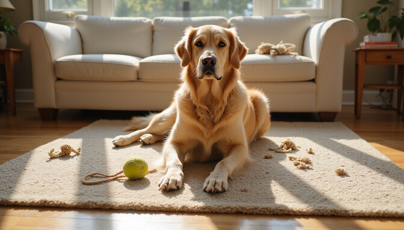 A relaxed golden retriever sits on a textured rug, surrounded by scattered toys in a sunlit living room.