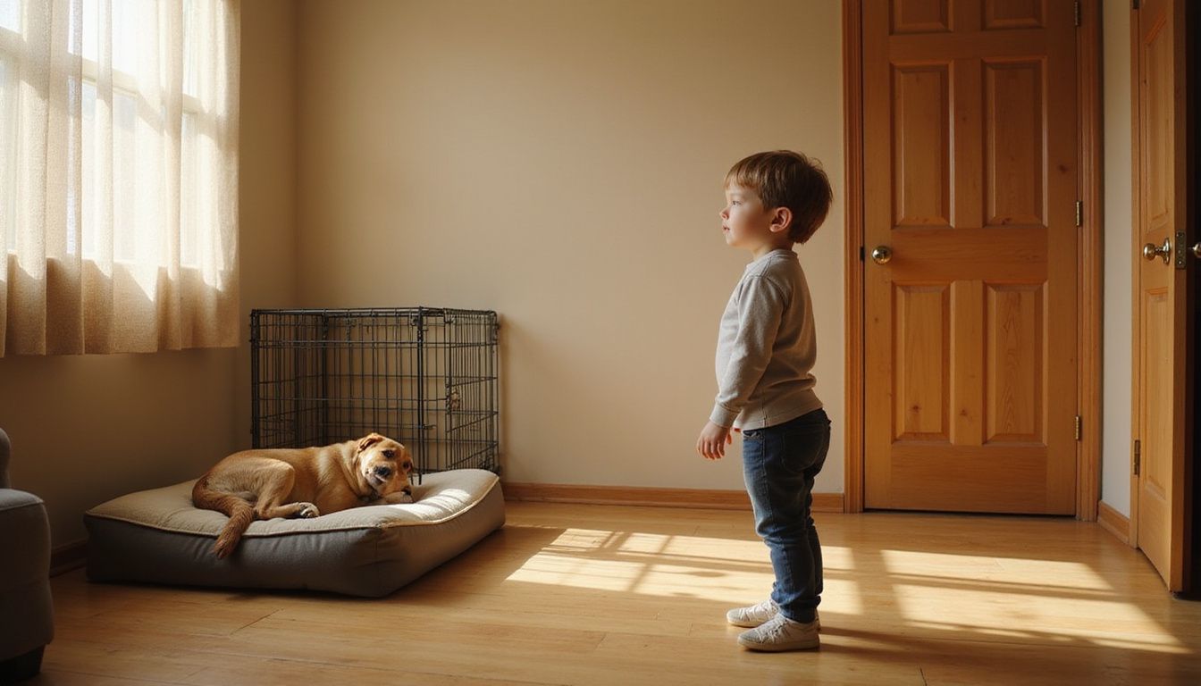 A child thoughtfully observes a dog resting on a pet bed in a cozy, lived-in living room.