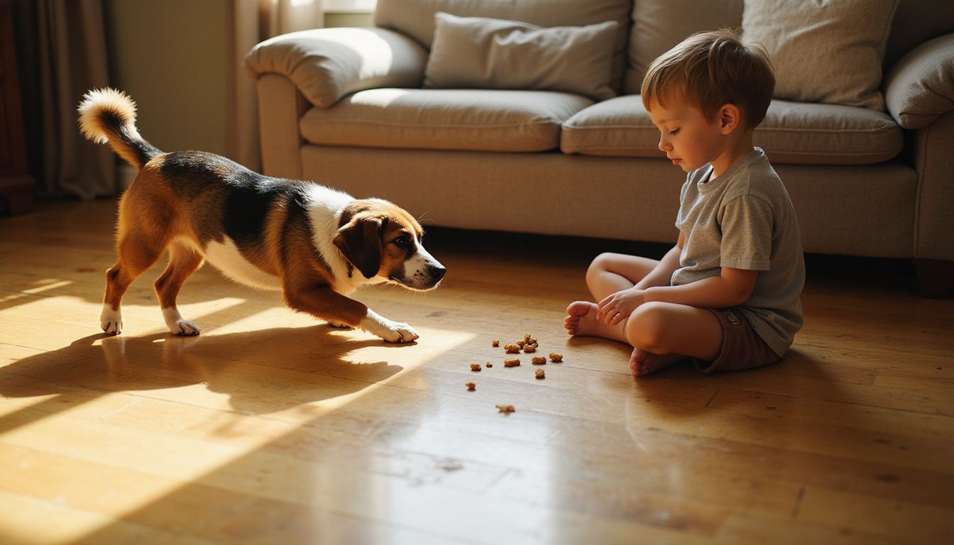 A child gently interacts with a cautious rescue dog on a warm hardwood floor, surrounded by scattered treats.